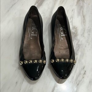 AGL Black Patent Leather Flats with Gold Accents- EU 37